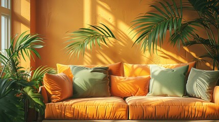 Cozy Living Room Corner with Orange Sofa and Houseplants