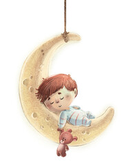 Baby with his teddy bear sleeping on the moon - 770436102