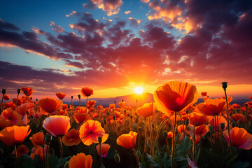 Poppy field at sunset. A poppy field in bloom