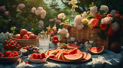 Obraz na płótnie Canvas picnic with fruits and a fruit basket on a table