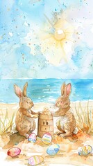 Bunnies building a sandcastle Easter egg, bright watercolors, eye-level, sunny beach day