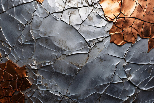 This image captures the intricate details of a cracked surface with contrasting silver and copper colors, highlighting texture and patterns
