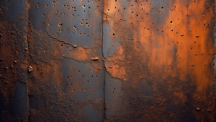 Detailed image showcasing a corroded metal wall with a variety of brown and orange hues and perforations