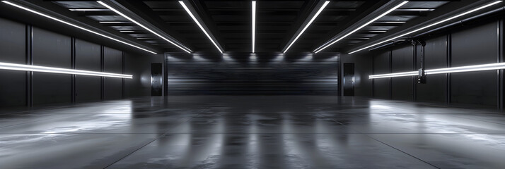 Black abstract futuristic tunnel with neon lines , Bright light at the end of the long dark tunnel with lamp tubes lights on walls. 3d illustration.
