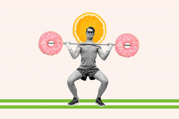 Artwork magazine collage picture of funny funky guy rising donut barbell isolated drawing background