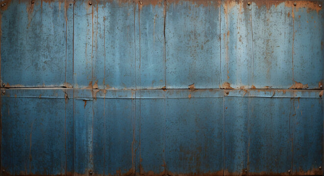 A full-frame image capturing the time-worn blue metallic surface with visible rust and corrosion for a grungy look