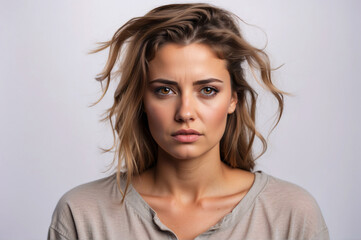 Casual young woman with a contemplative look and tousled hair in neutral clothing