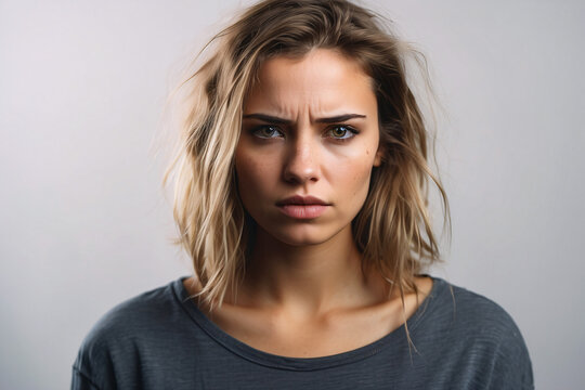 Skeptical woman with intense gaze and blonde messy hair, wearing a gray shirt
