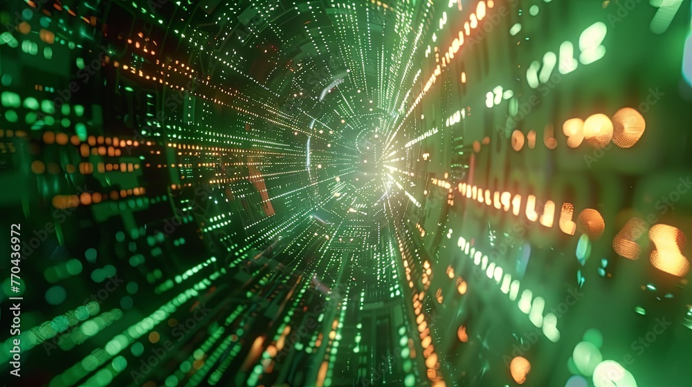 Poster a dynamic close-up view of a green circuit board creating a vortex illusion with glowing data stream