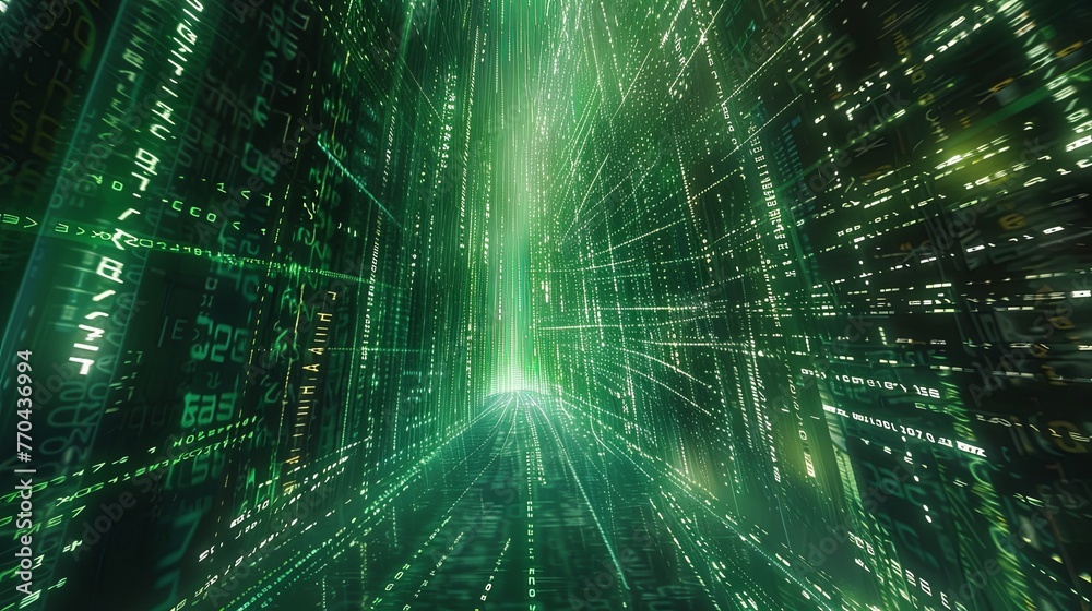 Poster 3d digital matrix background, with flowing code and data streams, perfect for technology-themed sett