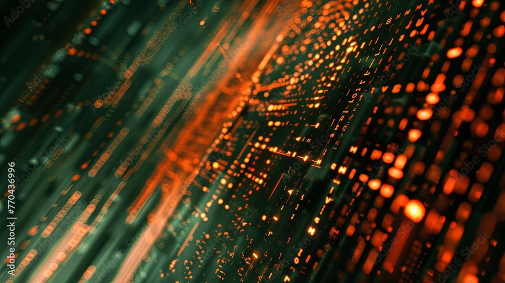 Poster a close-up view of a circuit board with streaming green data lights, symbolizing high-speed digital 