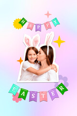 Photo collage artwork of charming happy mother daughter celebrating easter together isolated creative background