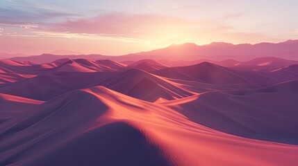 A digital illustration of rolling red sand dunes under a sunset sky, conveying a serene yet alien landscape. Sunset Over Surreal Red Sand Dunes

