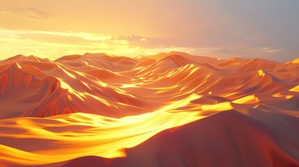 The warm glow of sunrise bathes sand dunes in golden light, creating a striking and dramatic desert landscape. Golden Sunrise Over Desert Dunes

