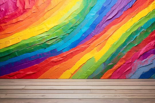 A vivid display of rainbow colors cascades down a wall, meeting a wooden floor, symbolizing the intersection of nature and creativity