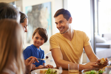 Family, man and brunch with child and food for eating, wellness snack with generations or...