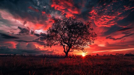 sunset in the field with tree