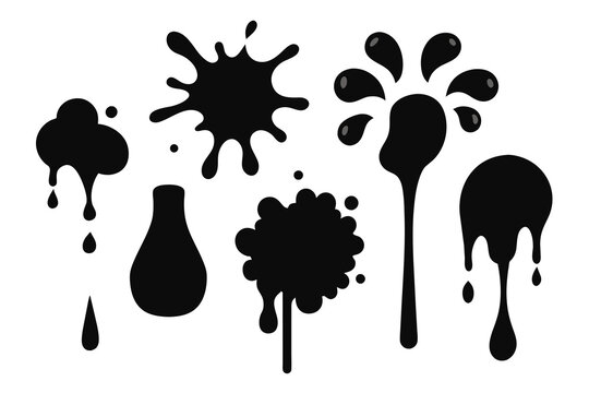 Set of black ink splashes and drops. Different hand drawn spray design elements. Blobs and spatters. Isolated vector illustration