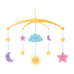 Newborn pendant, bed and bedroom decoration. Clouds, stars, sun, moon. Vector illustration.