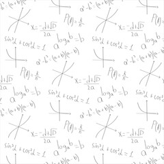 Seamless background with mathematical formulas on a white background. Vector illustration.
