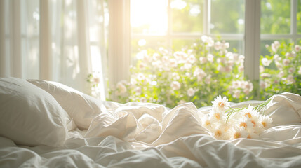 A room with beautiful flowers and white sheets