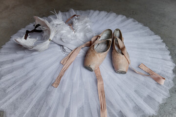 Top view of complete ballet ensemble, with tutu, feathered bodice, and pointe shoes, arranged on...