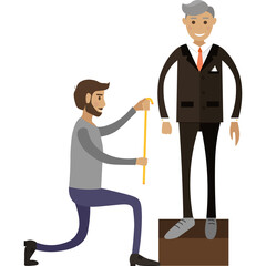 Man customer at atelier shop trying on new suit vector icon isolated on white