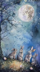 Obraz premium Bunnies on a moonlit Easter egg hunt, magical watercolors, eye-level, glowing moon overhead