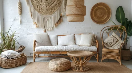 Papier Peint photo autocollant Style bohème Vertical view of comfortable living room with ethnic interior design in boho style. Home decor, rattan furniture, armchair with cushions, bamboo coffee table, and macrame on wall under chandelier lamp