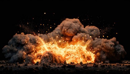 Explosion with smoke and sparks on isolated dark background. A huge fireball exploded from the ground. Surrounded by dense clouds of ash and dust. by AI generated image - obrazy, fototapety, plakaty