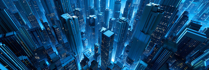 Technologic blue background, A computer screen with a blue background and a large building with a blue and white light, abstract 3d crystal a view of the roofs of the city a large chaotic set .

