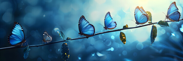 Flowers and blue butterflies with abstract bokeh background, Butterflies flying over a field of flowers with a bright sky in the background, Butterflies Fluttering In Garden Painted With Crayons.

 - obrazy, fototapety, plakaty