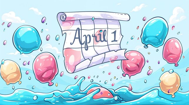 cartoon illustration for April Fools' Day. a torn calendar page floats in the air. April 1. inscription on the calendar page