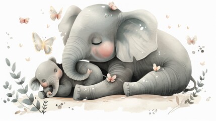 Loving Elephant Mother with Calf Illustration, heartwarming watercolor portrays a gentle elephant mother cradling her sleeping calf with immense love and care. - obrazy, fototapety, plakaty