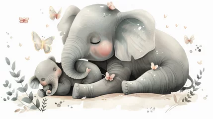 Poster Loving Elephant Mother with Calf Illustration, heartwarming watercolor portrays a gentle elephant mother cradling her sleeping calf with immense love and care. © JovialFox