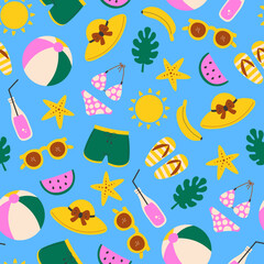Summer seamless pattern with beach accessories. Summertime bright vacation repeat vector illustration. Vibrant color background with hat swimsuit sun sunglasses fruit drink elements