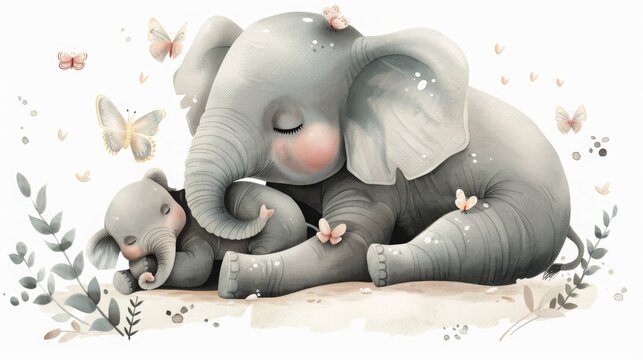 Loving Elephant Mother with Calf Illustration, heartwarming watercolor portrays a gentle elephant mother cradling her sleeping calf with immense love and care.