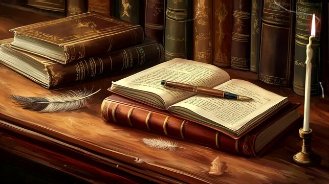 Fountain pens, quills, encyclopedias on desk. Vintage old timey effects looping 4k video animation background