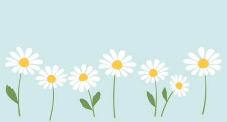 Daisy flower with green leaves icon sign on green mint background. Cute floral wall art vector.