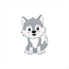 Cute Gray wolf isolated on white. Cartoon character, wolf cub grey. 