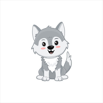 Cute Gray wolf isolated on white. Cartoon character, wolf cub grey. 