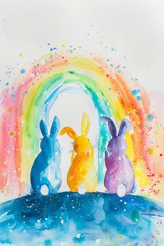 Bunnies painting rainbows for Easter, bright watercolors, over-the-shoulder shot, clear sky