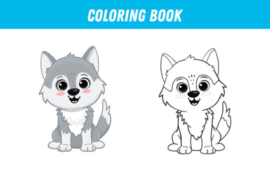 coloring book with cute wolf. Cartoon wolf cub. Activity page. 