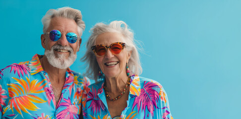 A man and a woman are wearing orange clothing and sunglasses. They are smiling and hugging each other. Happy senior retired couple in colourful neon clothes, isolated on blue background