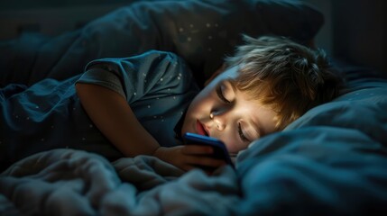Child is addicted to a phone Sleepy exhausted lying in bed using a smartphone, Insomnia, and addicted. Sad bored in bed scrolling through social networks at night in the dark - obrazy, fototapety, plakaty