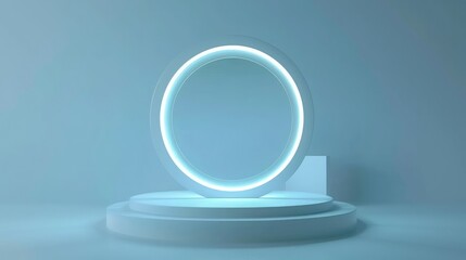 3D clarity, circular display stand, minimalism, white space, light blue lighting background