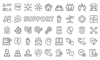 Support icons in line design. Assistance, help, service, consultation, response, care, experience, business, fast repair isolated on white background vector. Support editable stroke icons.