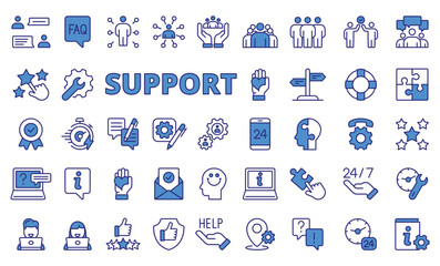 Support icons in line design, blue. Assistance, help, service, consultation, response, care, experience, business, fast repair isolated on white background vector. Support editable stroke icons.