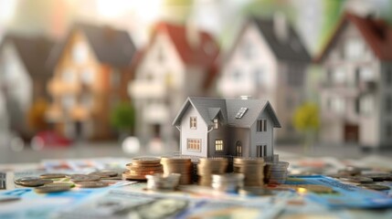 real estate investment, featuring a miniature grey house placed atop rising stacks of coins, variously houses and currency notes in background, suggesting growth in property value, financial planning