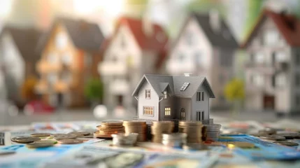 Foto op Canvas real estate investment, featuring a miniature grey house placed atop rising stacks of coins, variously houses and currency notes in background, suggesting growth in property value, financial planning © JovialFox